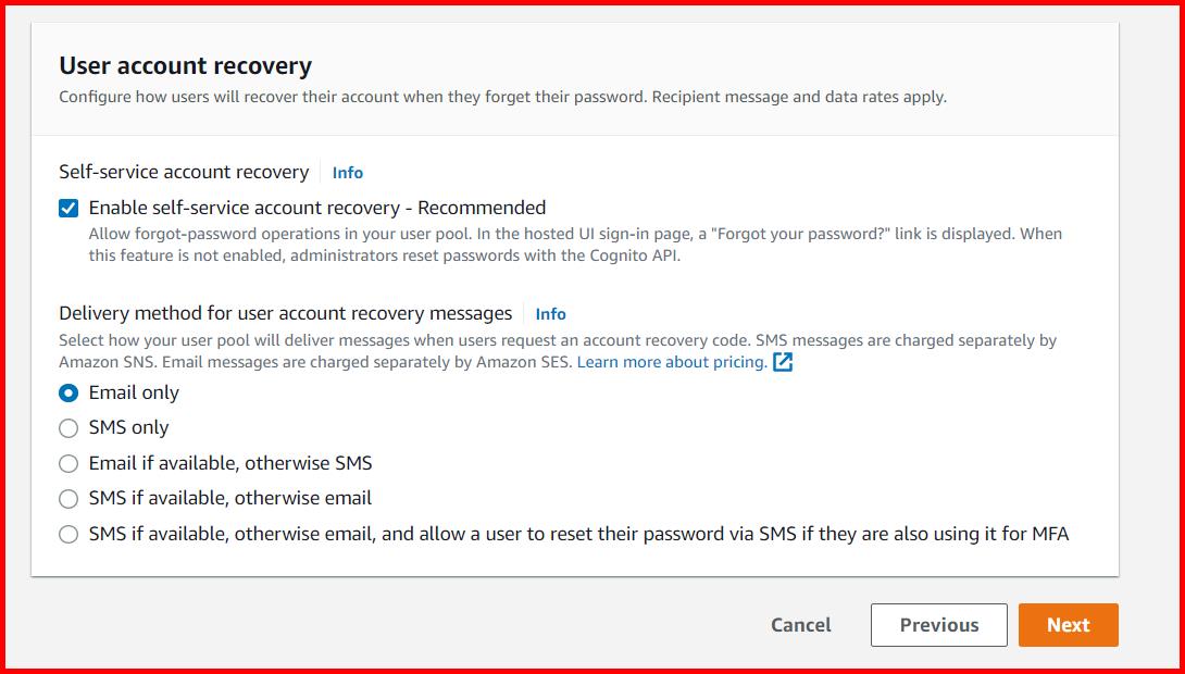 Picture showing the section of the screen for setting user account recovery